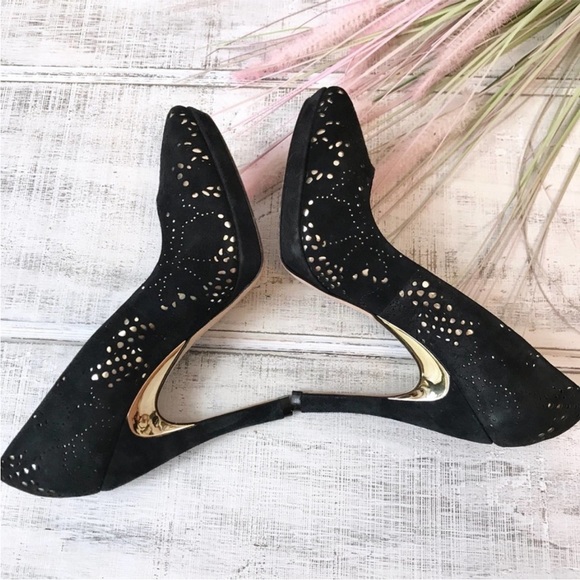 Alice + Olivia Suede Laser Cut Pumps -black and gold,  size EUR 38 - Picture 3 of 6